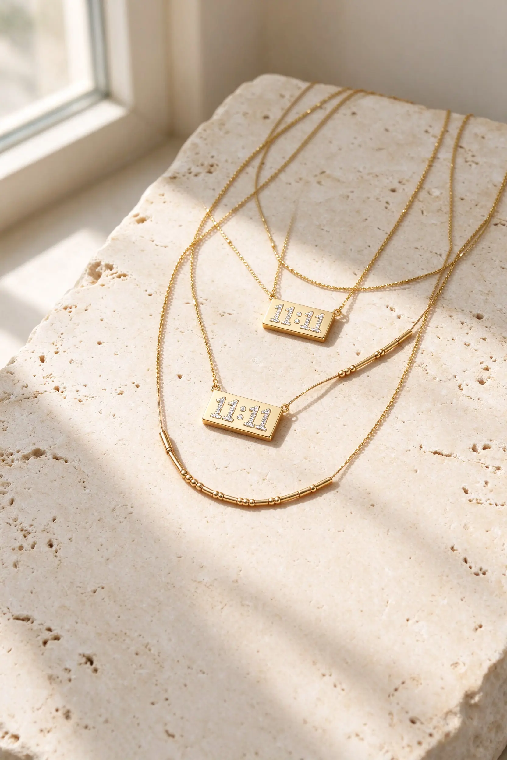 Gold Calista necklaces on travertine stone